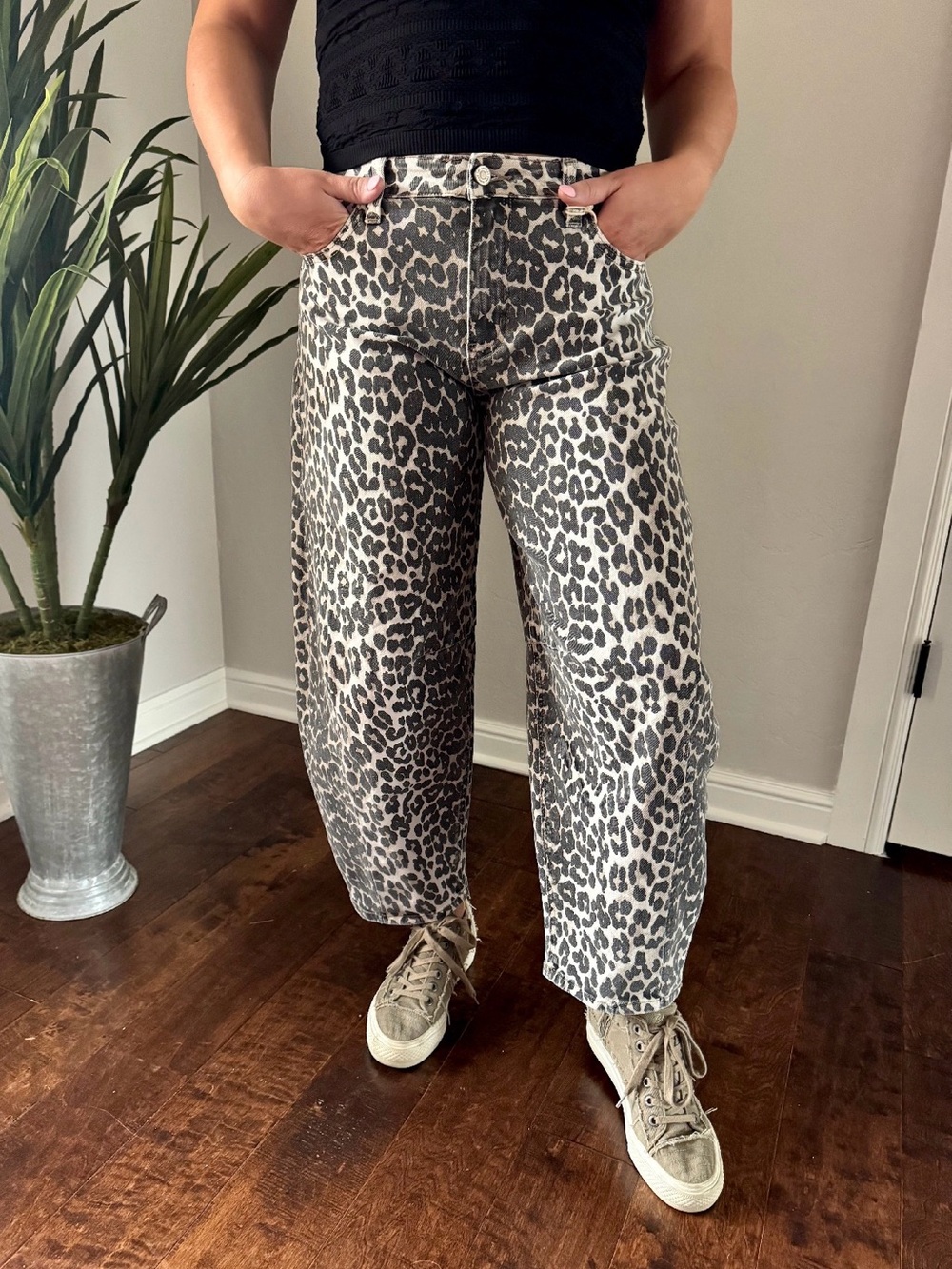 KanCan Wide Leg Leopard Print Jeans in White and Black